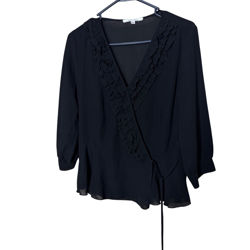 Quintessential Black Ruffle Wrap Blouse Peplum Top 3/4 Sleeve Small